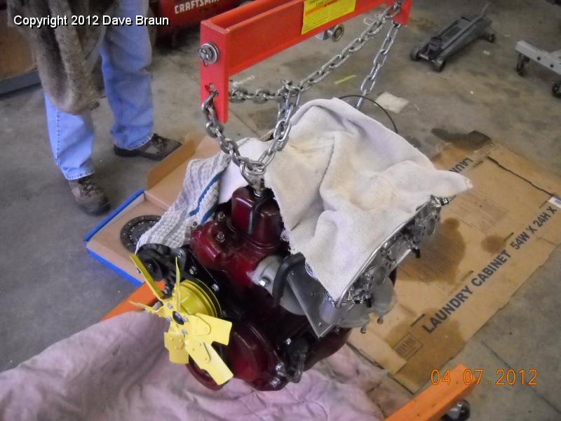Off hoist and lowered for clutch and gearbox instl  02.jpg - Off engine stand and on hoist. Lowered for clutch and gearbox install 02