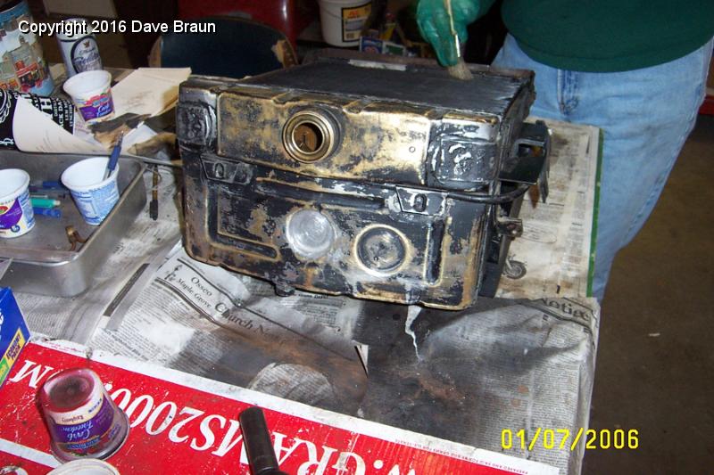 acetone cleaning of radiator after sanding 2.JPG - Radiator ready for paint. The brass is exposed. Some folks like to polish the brass header tank, but I think it looks silly that way. To each his own!