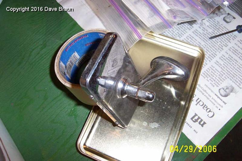 Replacement mirror from quality coaches.jpg - The Desmo mirror from Quality Coaches. I think the mirror that has been in the car is a Plymouth mirror from the 60s, complete with dimming. Mark has a very complete 'shopping' section in his basement.